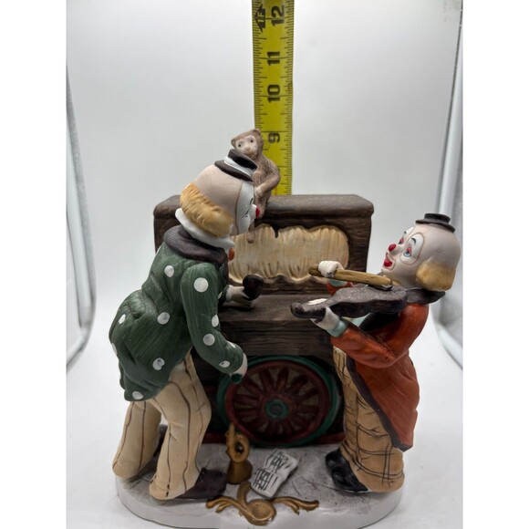 Vintage Clown Music Box Statue Two Clowns Monkey Hurdy Gurdy Circus Decor 9” - Picture 9 of 12